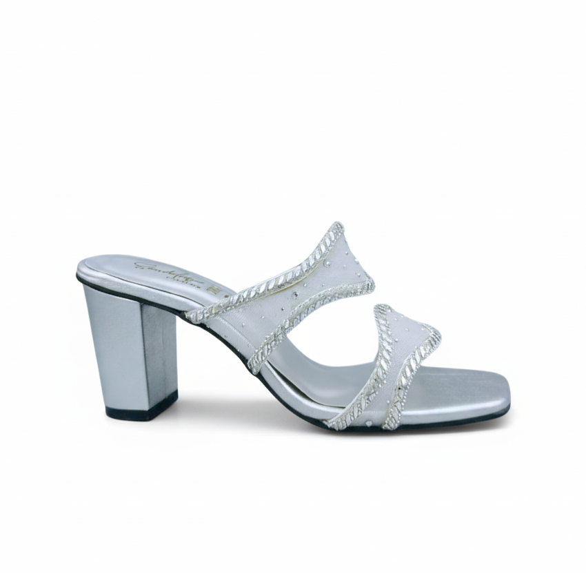 Sandalique HH10054 Silver Mesh Block Heel Mules