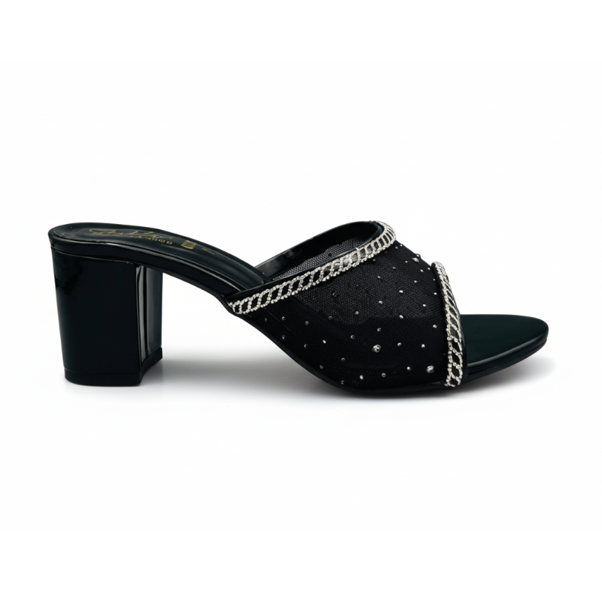 Sandalique HH10055 Black Crystal Mesh Block Heel Mules
