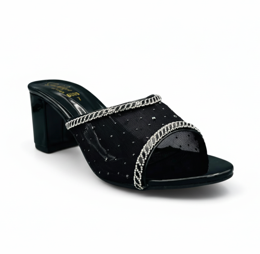 Sandalique HH10055 Black Crystal Mesh Block Heel Mules