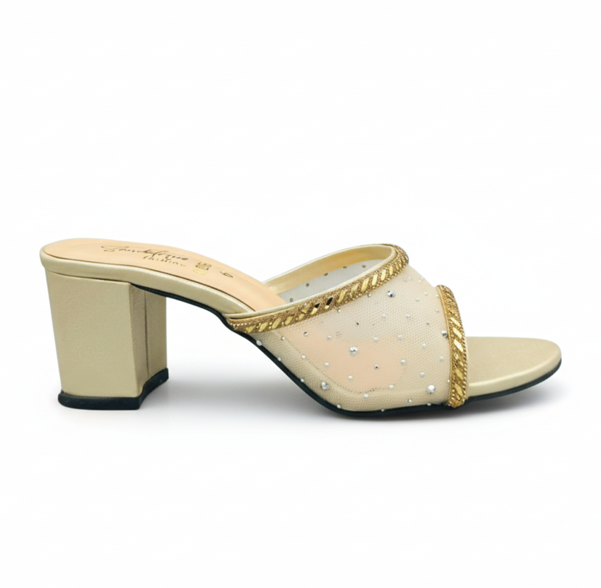 Sandalique HH10055 Gold Crystal Mesh Block Heel Mules