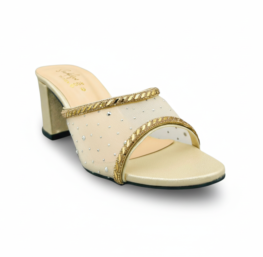 Sandalique HH10055 Gold Crystal Mesh Block Heel Mules