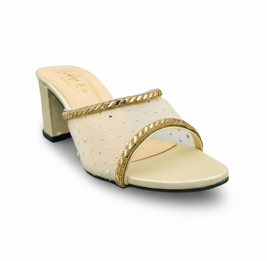 Sandalique HH10055 Gold Crystal Mesh Block Heel Mules
