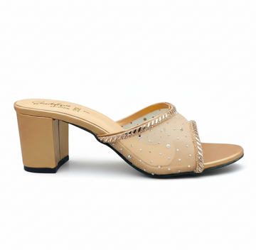 Sandalique HH10055 Rose Gold Crystal Mesh Block Heel Mules