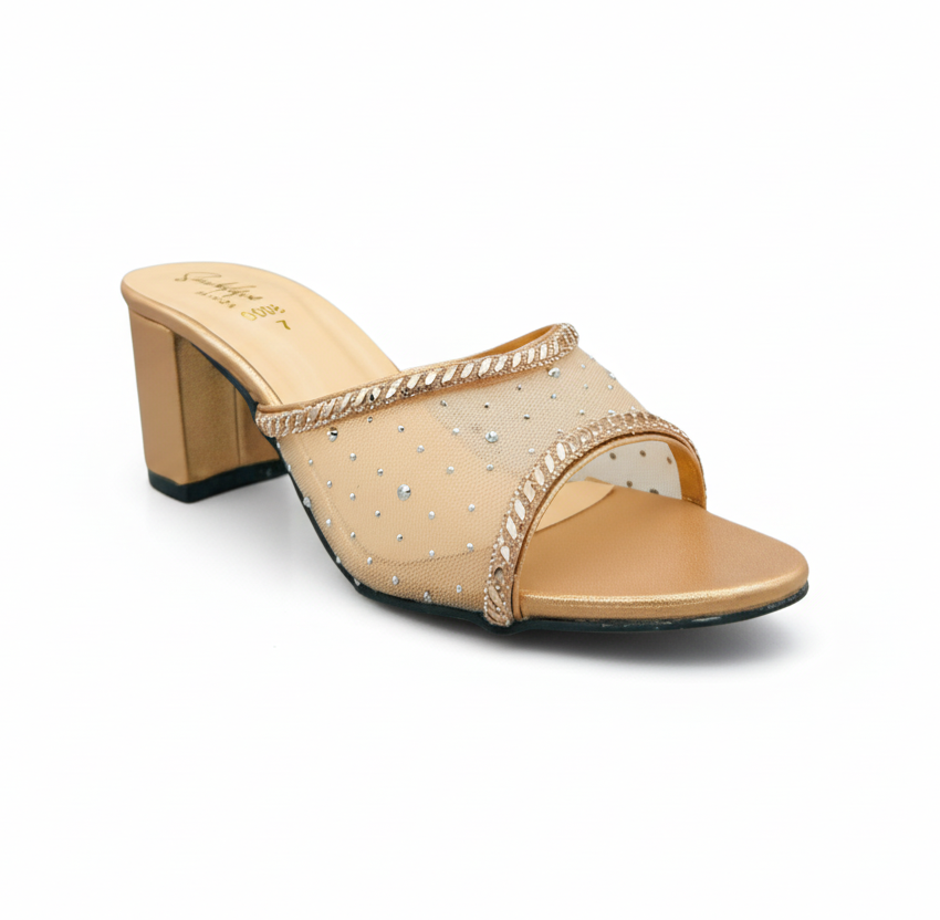 Sandalique HH10055 Rose Gold Crystal Mesh Block Heel Mules