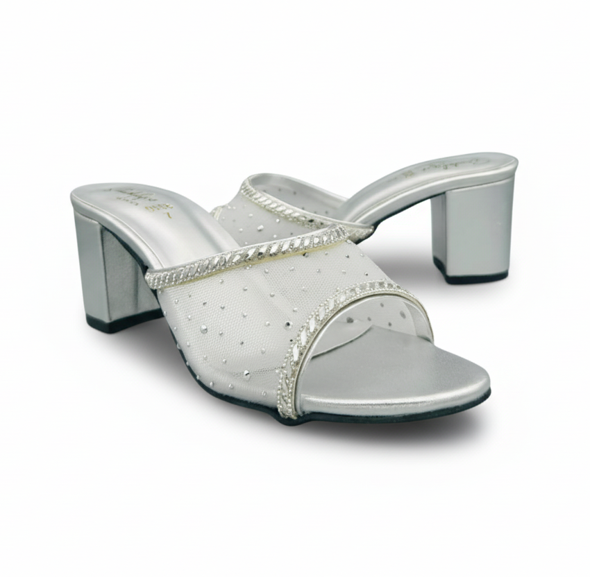 Sandalique HH10055 Silver Crystal Mesh Block Heel Mules