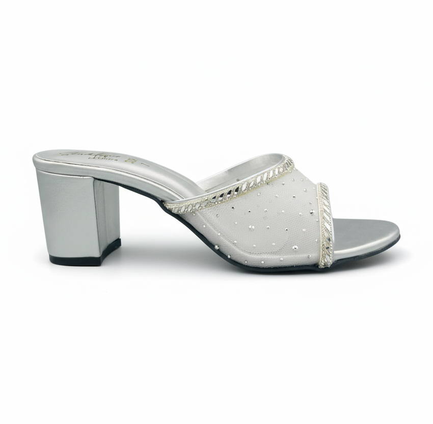 Sandalique HH10055 Silver Crystal Mesh Block Heel Mules
