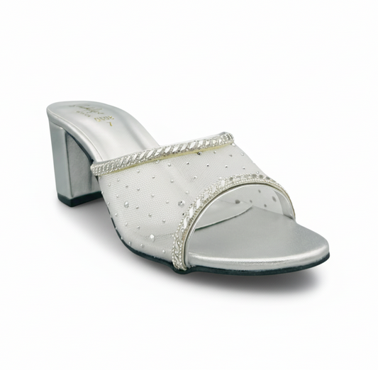 Sandalique HH10055 Silver Crystal Mesh Block Heel Mules