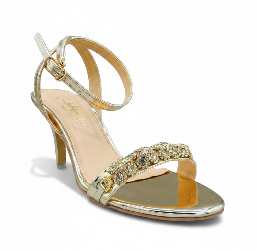Sandalique HH10057 Gold 2 Crystal Strap Heel Sandals