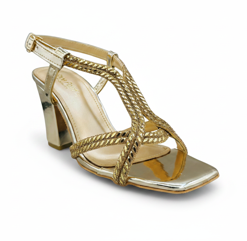 Sandalique HH10058 Gold Braided Crystal Heel Sandals