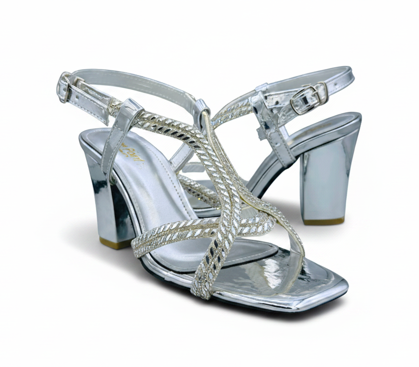 Sandalique HH10058 Silver 1 Braided Crystal Heel Sandals