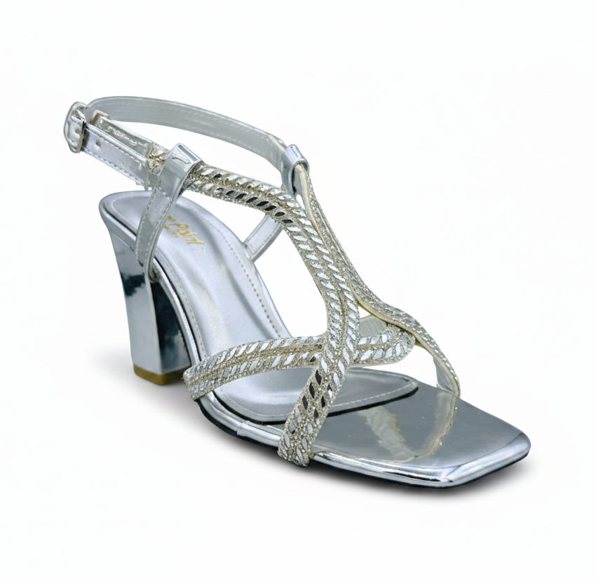 Sandalique HH10058 Silver Braided Crystal Heel Sandals