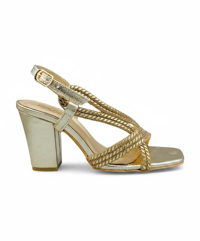 Sandalique HH10059 Gold Multi Strap Metallic Heel Sandals