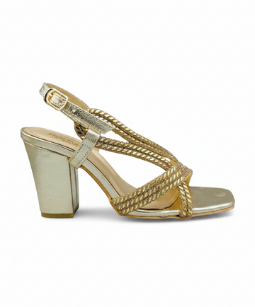 Sandalique HH10059 Gold Multi Strap Metallic Heel Sandals