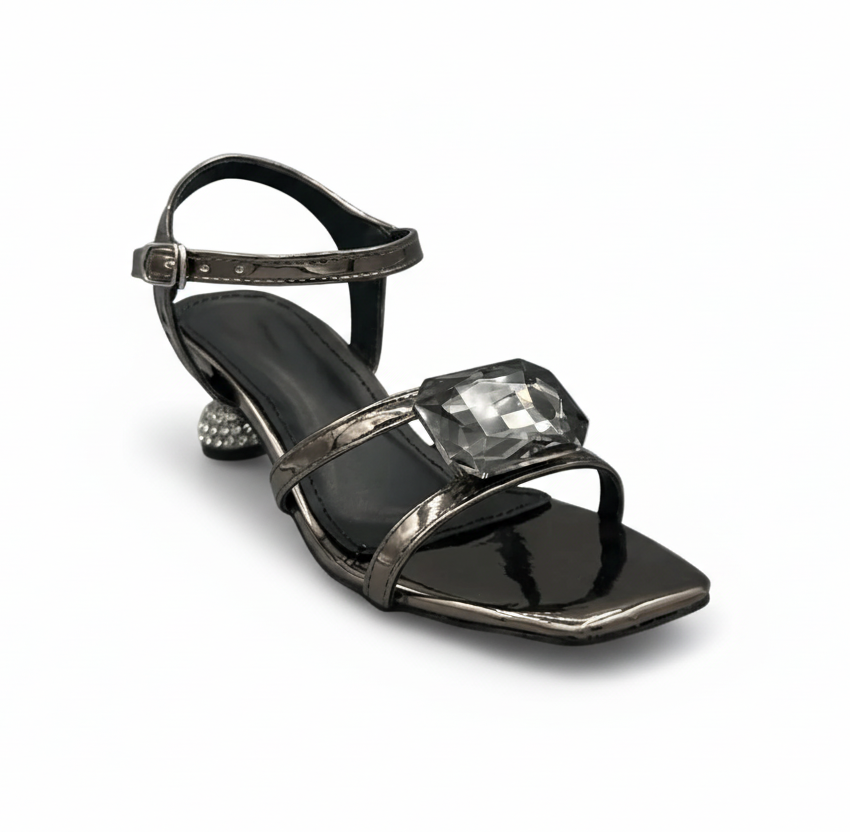 Sandalique MH10013 Grey Crystal Accent Strap Heels