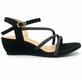 Sandalique MH10014 Black1 3 Straps Embellished Wedge Sandals