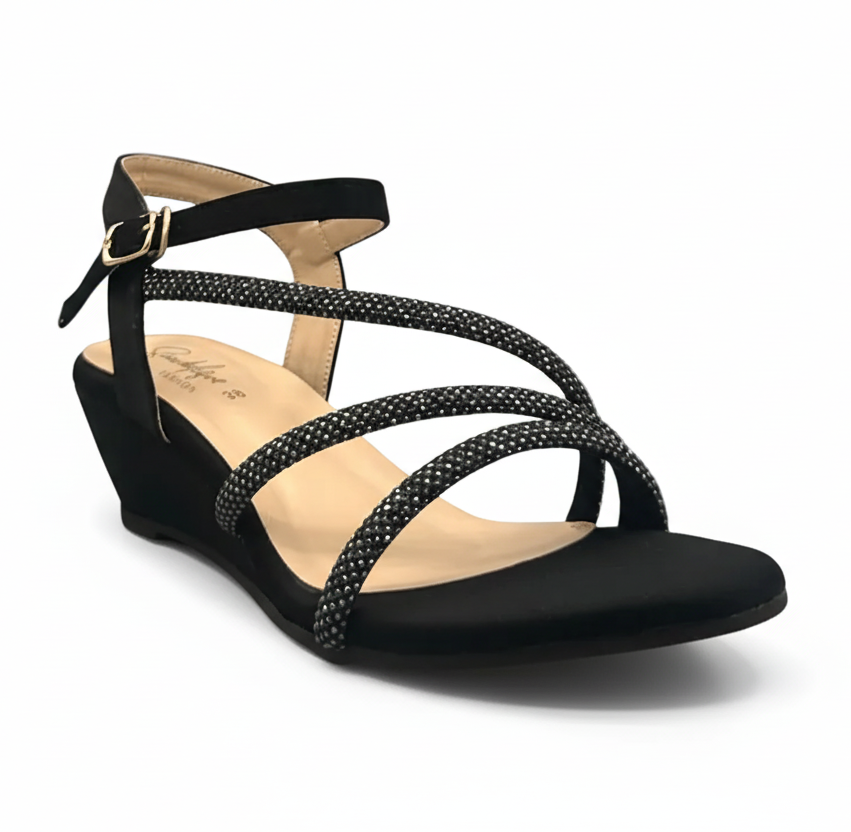 Sandalique MH10014 Black 3 Straps Embellished Wedge Sandals
