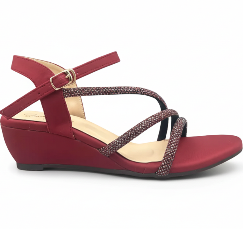 Sandalique MH10014 Maroon1 3 Straps Embellished Wedge Sandals