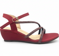 Sandalique MH10014 Maroon1 3 Straps Embellished Wedge Sandals