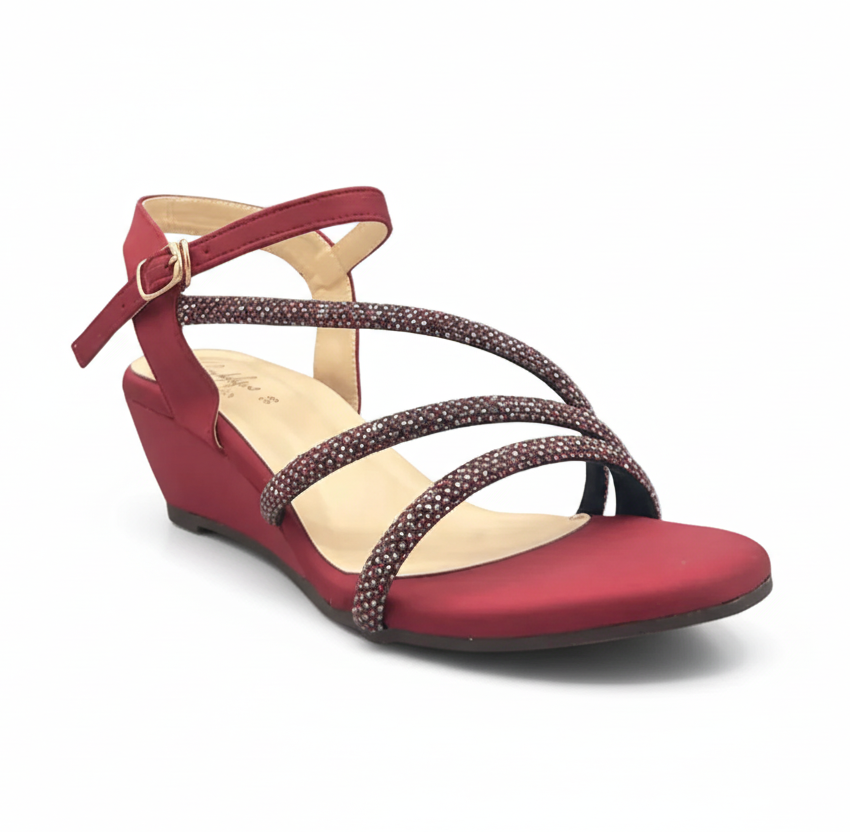 Sandalique MH10014 Maroon1 3 Straps Embellished Wedge Sandals