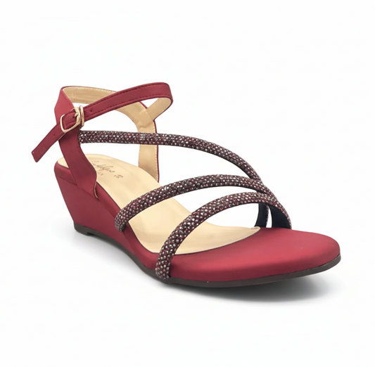 Sandalique MH10014 Maroon 3 Straps Embellished Wedge Sandals