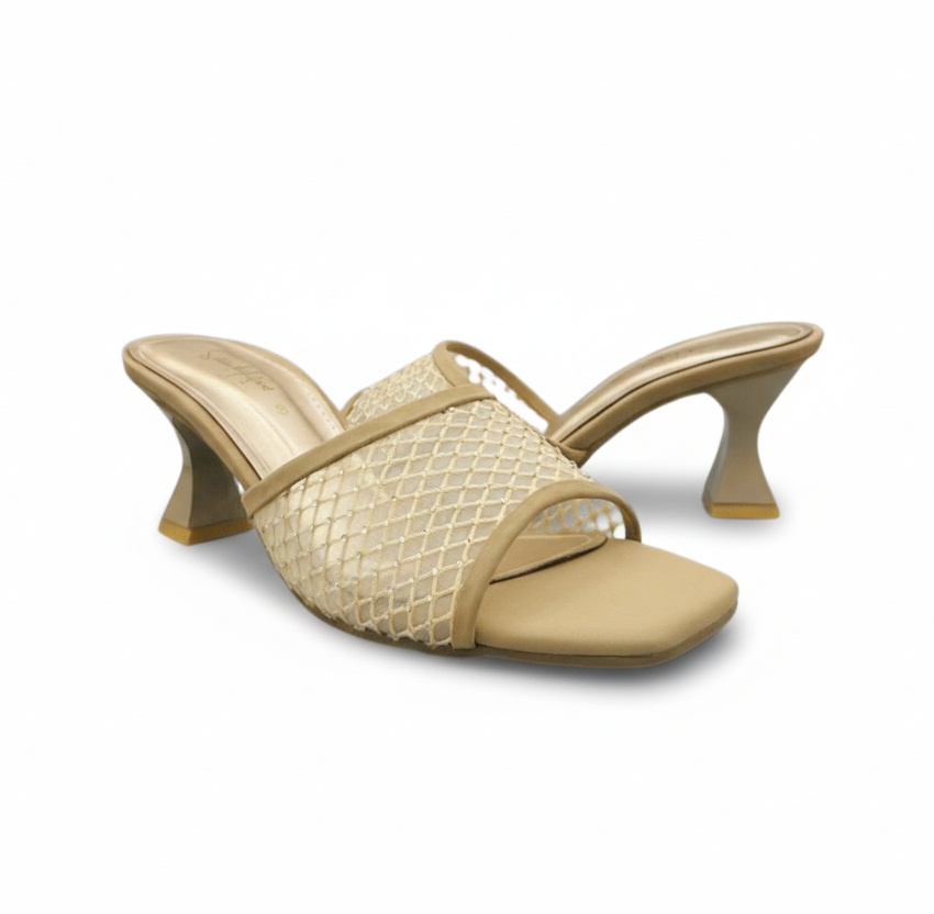 Sandalique MH10016 beige Mesh Mule Heels for Women