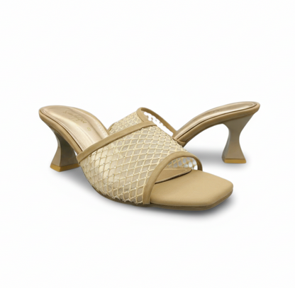 Sandalique MH10016 beige Mesh Mule Heels for Women