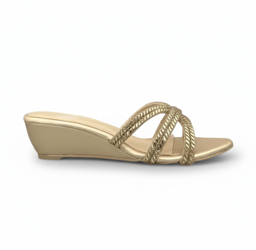 Sandalique MH10017 Gold Crystal Cross Strap Wedge Sandals