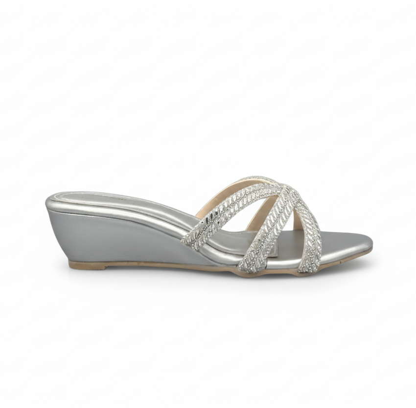 Sandalique MH10017 Silver Crystal Cross Strap Wedge Sandals
