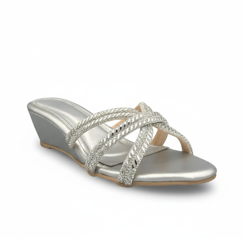 Sandalique MH10017 Silver Crystal Cross Strap Wedge Sandals