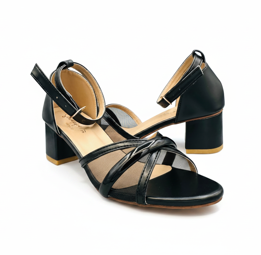 Sandalique MH10018 Black Mesh Cross Strap Heel Sandals for Women