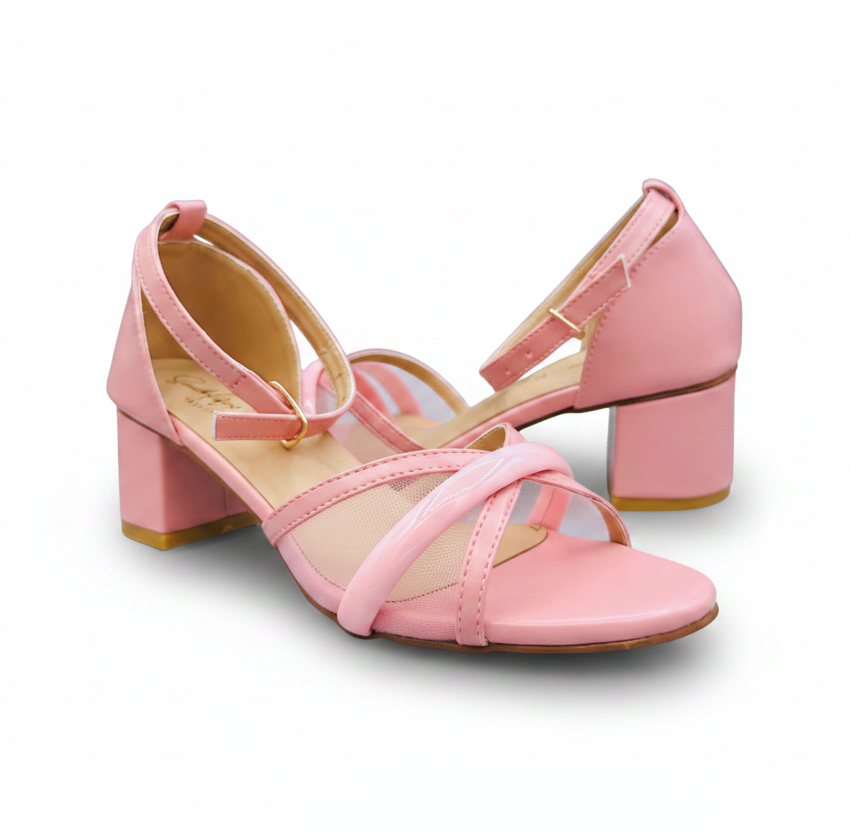 Sandalique MH10018 Pink Mesh Cross Strap Heel Sandals for Women