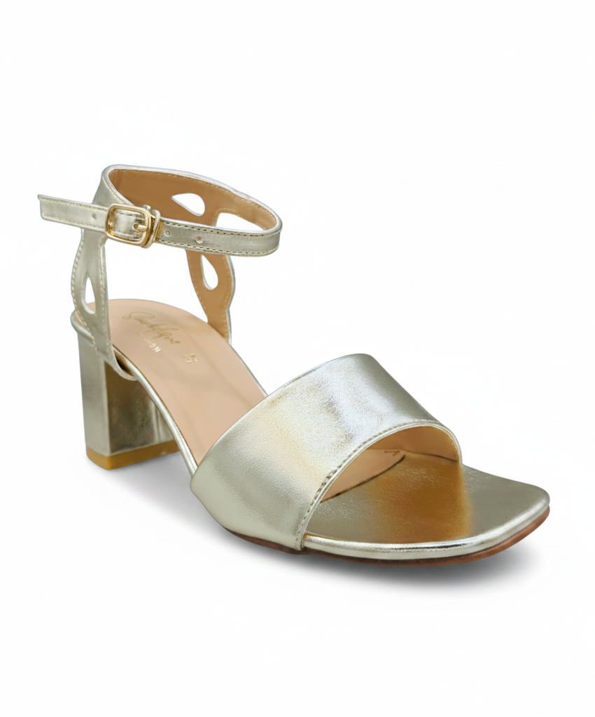 Sandalique MH10019 Gold Classic Ankle Strap Block Heel