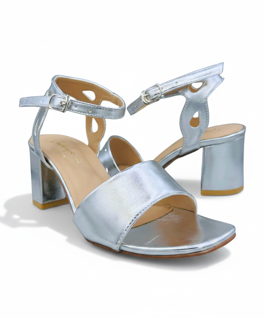 Sandalique MH10019 Silver Classic Ankle Strap Block Heel