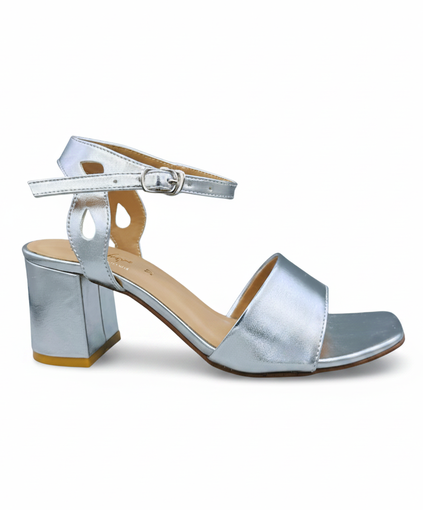 Sandalique MH10019 Silver Classic Ankle Strap Block Heel
