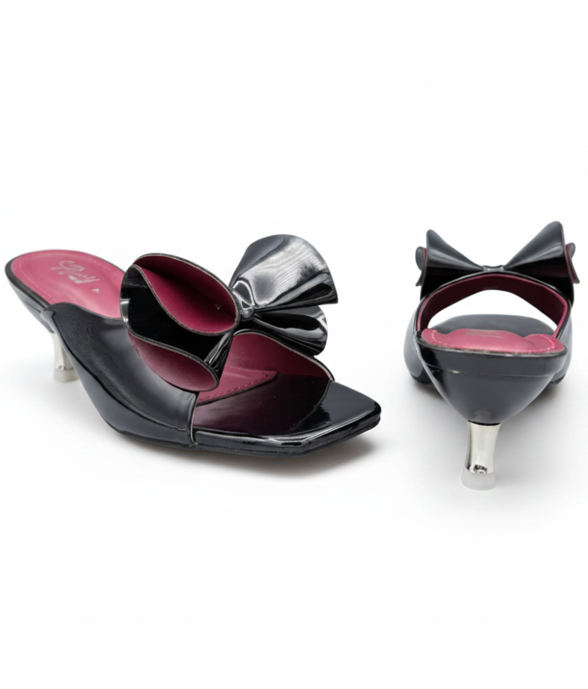 Sandalique MH10020 Black Sculpted Bow Kitten Heel Mules