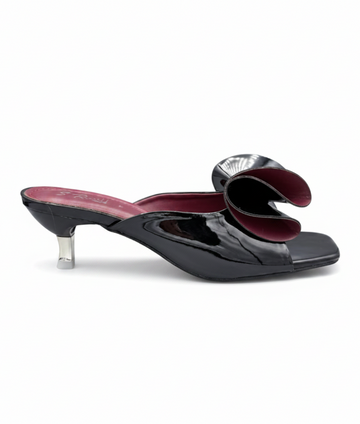 Sandalique MH10020 Black Sculpted Bow Kitten Heel Mules