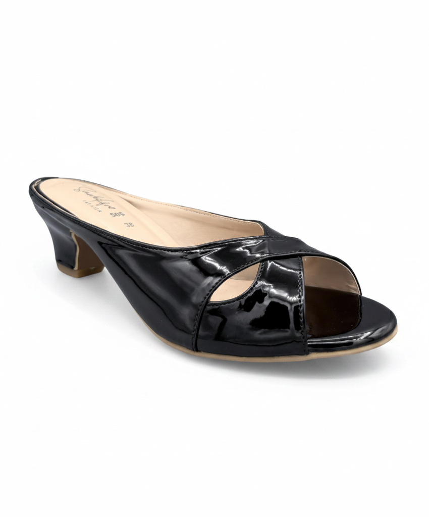 Sandalique MH10025 Black Metallic Cross Strap Kitten Heel Mules