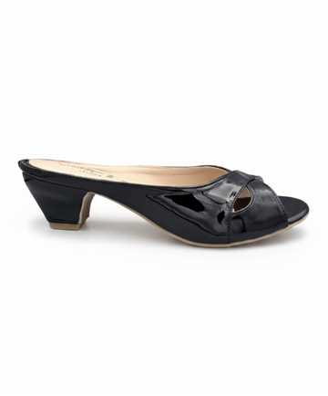 Sandalique MH10025 Black Metallic Cross Strap Kitten Heel Mules