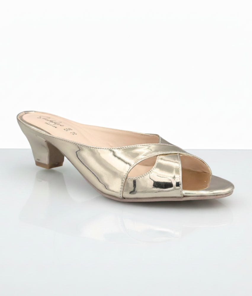 Sandalique MH10025 Gold Metallic Cross Strap Kitten Heel Mules