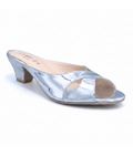 Sandalique MH10025 Silver Metallic Cross Strap Kitten Heel Mules