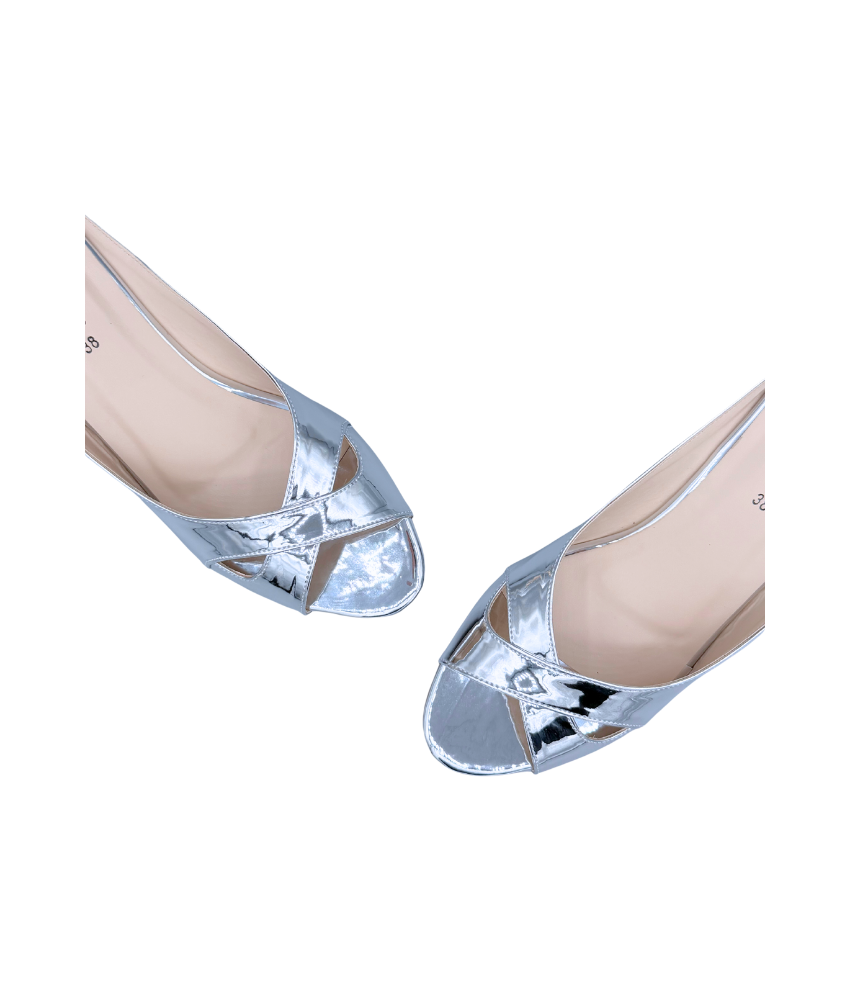 Sandalique MH10025 Silver 1 Metallic Cross Strap Kitten Heel Mules