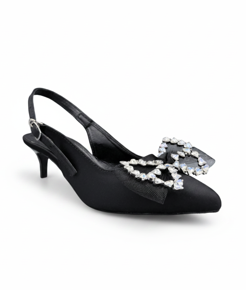 Sandalique MH10026 Black Crystal Bow Slingback Kitten Heels