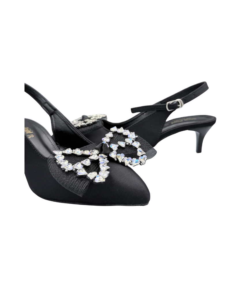 Sandalique MH10026 Black Crystal Bow Slingback Kitten Heels