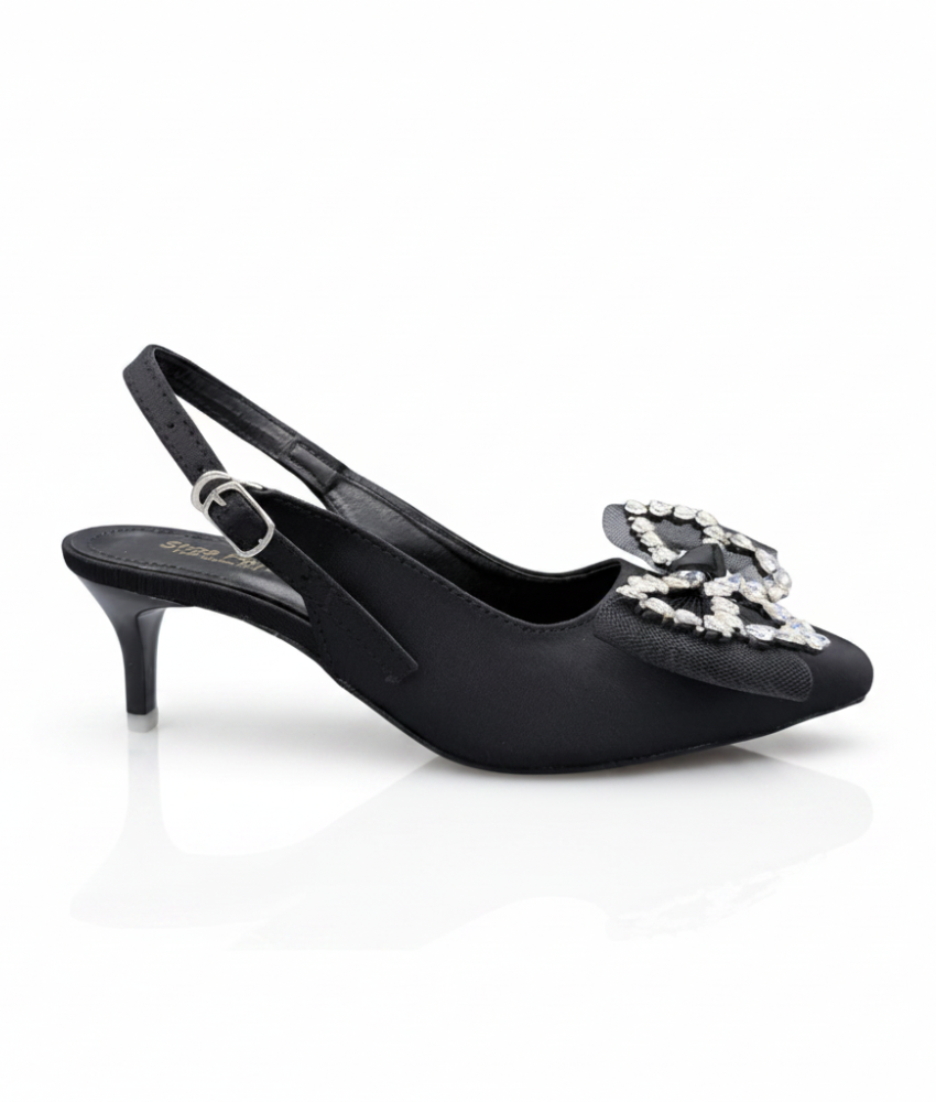 Sandalique MH10026 Black Crystal Bow Slingback Kitten Heels