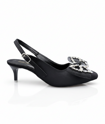 Sandalique MH10026 Black Crystal Bow Slingback Kitten Heels