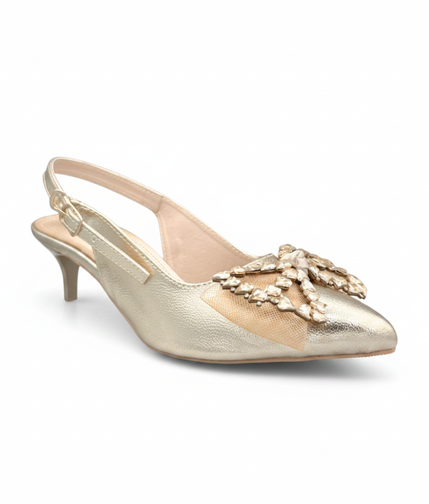 Sandalique MH10026 Gold Crystal Bow Slingback Kitten Heels