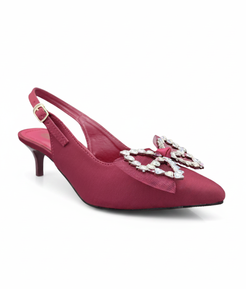 Sandalique MH10026 Maroon Crystal Bow Slingback Kitten Heels