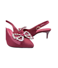 Sandalique MH10026 Maroon Crystal Bow Slingback Kitten Heels