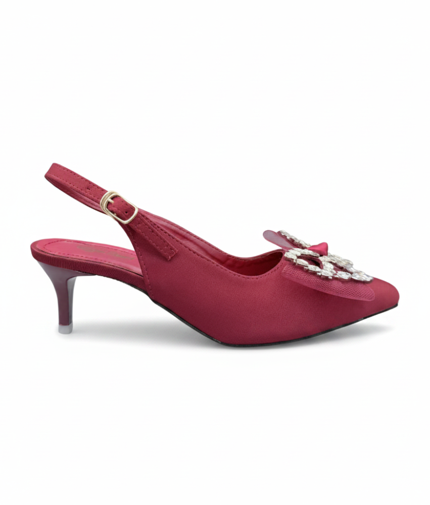 Sandalique MH10026 Maroon Crystal Bow Slingback Kitten Heels