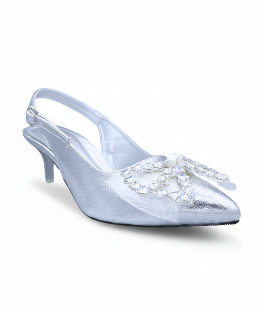 Sandalique MH10026 Silver Crystal Bow Slingback Kitten Heels
